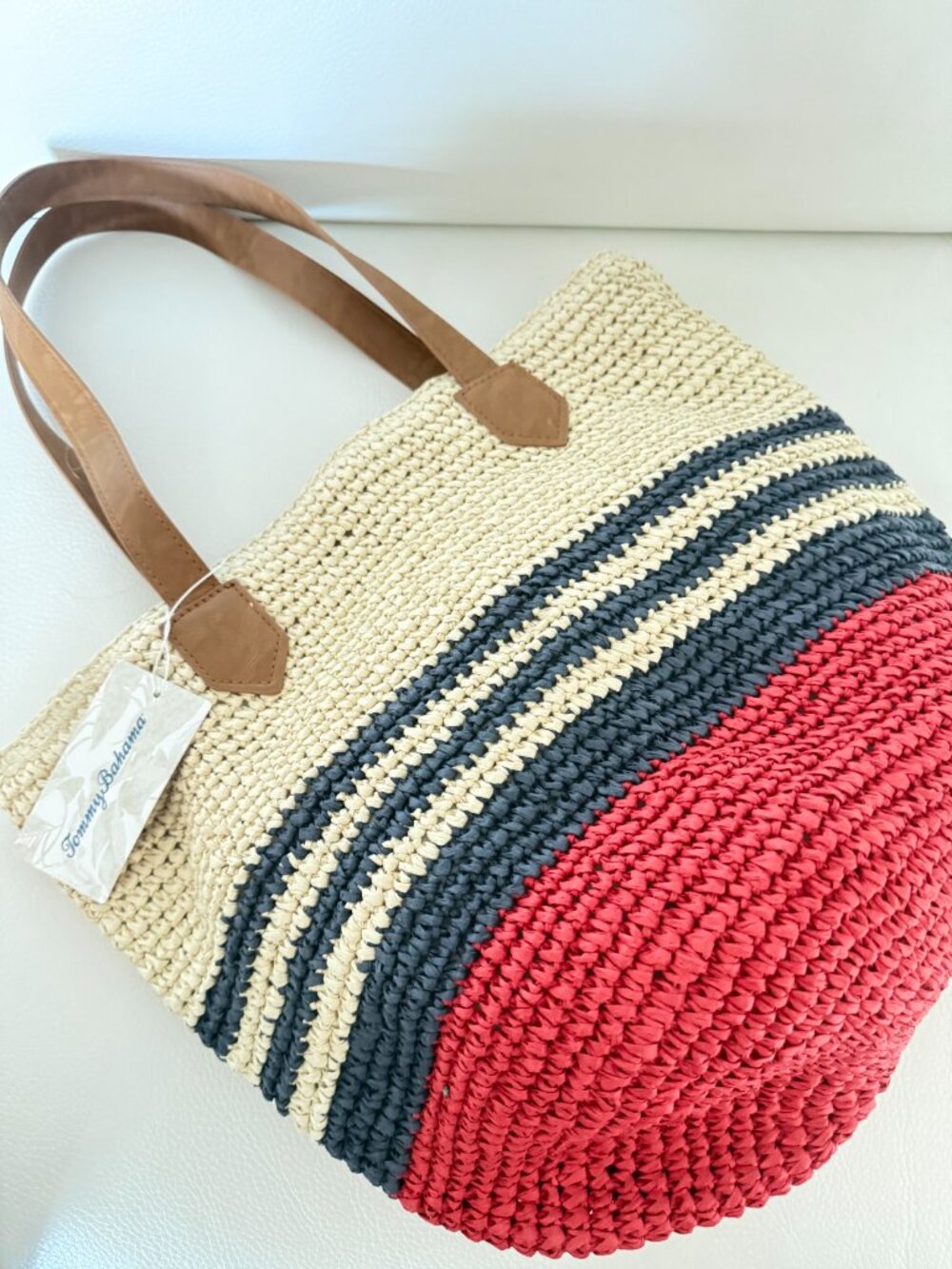 NWT TOMMY BAHAMA RED NAVY & NATURAL STRAW TOTE BAG FLAG - Picture 4 of 5